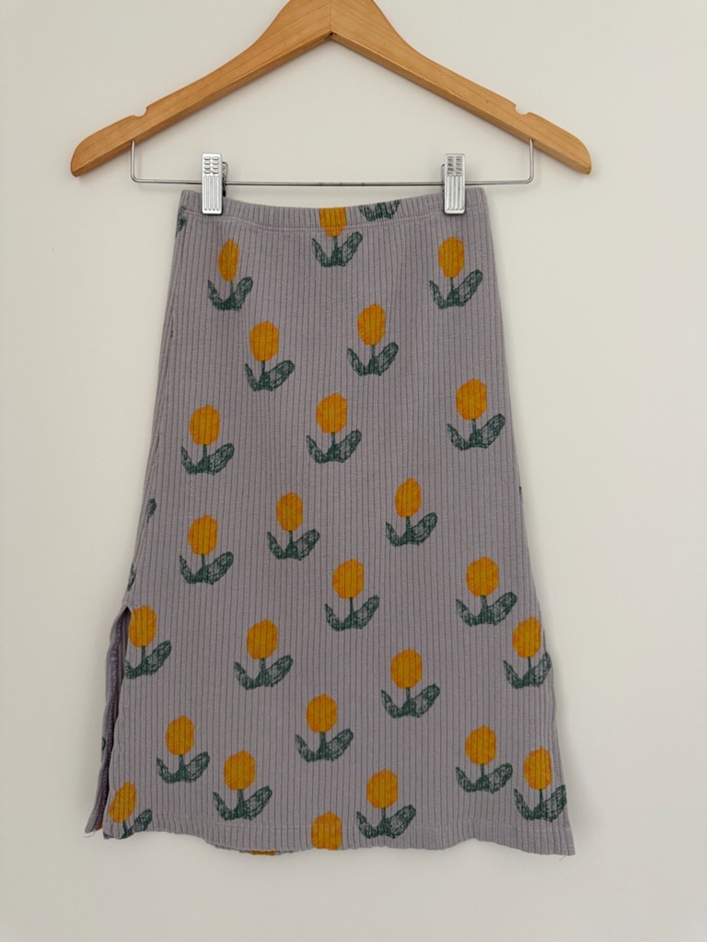 Bobo Choses Lavender Ribbed Midi Skirt with Yellow Tulip Motif